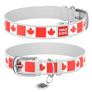 Нашийник WAUDOG Design з малюнком "Кленовий лист", преміум шкіра, металевий пряжка (ширина 25 мм, довжина 38-49 см), білий