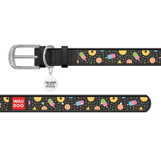 Нашийник WAUDOG Design з малюнком "Ананаси з морозивом", преміум шкіра, металевий пряжка (ширина 25 мм, довжина 38-49 см), чорний