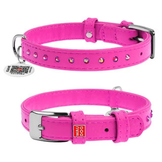 Нашийник для собак шкіряний WAUDOG Glamour з QR паспортом, з клейовими стразами, Ш 12 мм, Дл 21-29 см, рожевий