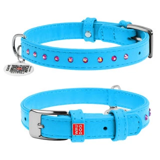 Ошейник для собак кожаный WAUDOG Glamour с QR паспортом, с клеевыми стразами, Ш 12 мм, Дл 21-29 см, голубой