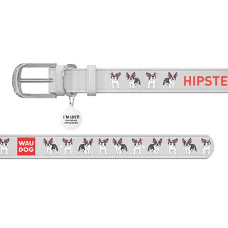 Нашийник WAUDOG Design з малюнком "Хіпстер", преміум шкіра, металевий пряжка (ширина 15 мм, довжина 27-36 см), білий