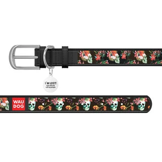 Нашийник WAUDOG Design з малюнком "Черепи", преміум шкіра, металевий пряжка (ширина 25 мм, довжина 38-49 см), чорний