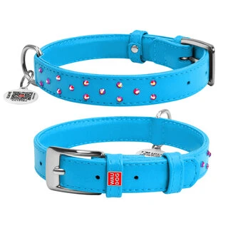 Нашийник для собак шкіряний WAUDOG Glamour з QR паспортом, з клейовими стразами, Ш 25 мм, Дл 38-49 см, блакитний