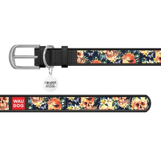 Нашийник WAUDOG Design з малюнком "Гламурні черепи", преміум шкіра, металевий пряжка (ширина 35 мм, довжина 46-60 см), чорний