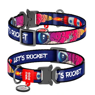 Ошейник для собак нейлоновый WAUDOG Nylon c QR-паспортом, рисунок "Космос. Ракета", металлическая пряжка-фастекс, L, Ш 25 мм, Дл 31-49 см