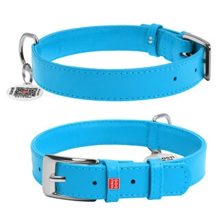 Нашийник для собак шкіряний WAUDOG Glamour з QR паспортом, без прикрас, Ш 20 мм, Дл 30-39 см, блакитний