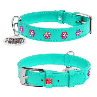 Ошейник для собак кожаный WAUDOG Glamour с QR паспортом, с клеевыми стразами "Цветочек", Ш 20 мм, Дл 30-39 см, ментоловый