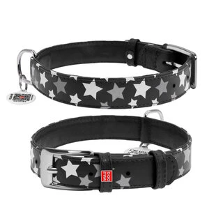 Ошейник для собак кожаный WAUDOG Glamour с QR паспортом, узор "Звёздочка", светящийся/светоотражающий, Ш 25 мм, Дл 38-49 см, черный