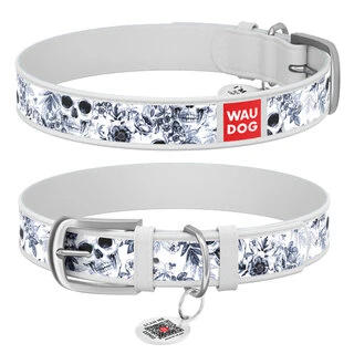 Нашийник WAUDOG Design з малюнком "Чорно-білі черепи", преміум шкіра, металевий пряжка (ширина 20 мм, довжина 30-39 см), білий