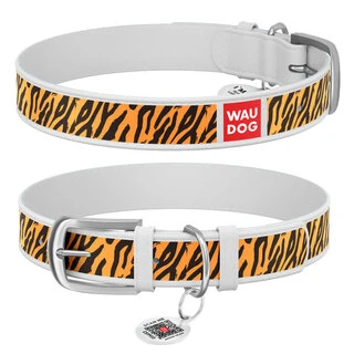 Нашийник WAUDOG Design з малюнком "Тигр", преміум шкіра, металевий пряжка (ширина 20 мм, довжина 30-39 см), білий