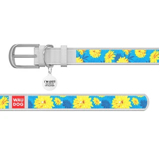 Нашийник WAUDOG Design з малюнком "Квіти на блакитному", преміум шкіра, металевий пряжка (ширина 12 мм, довжина 19-25 см), білий