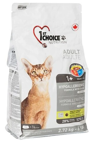 Беззерновий сухий суперпреміум корм для котів 1st Choice Adult Hypoallergenic качка, батат 2.72 кг