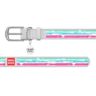 Ошейник WAUDOG Design с рисунком "Акварельные полоски", премиум кожа, металлическая пряжка (ширина 15 мм, длина 27-36 см), белый