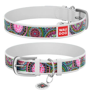 Нашийник WAUDOG Design з малюнком "Мандали", преміум шкіра, металевий пряжка (ширина 12 мм, довжина 21-29 см), білий