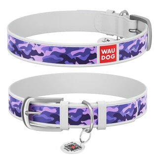 Нашийник WAUDOG Design з малюнком "Фіолетовий камо", преміум шкіра, металевий пряжка (ширина 20 мм, довжина 30-39 см), білий