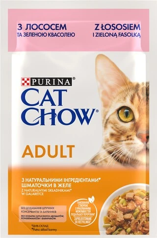 Упаковка влажного корма для взрослых кошек Purina Cat Chow Adult с лососем и зеленой фасолью 85 г x 26 шт