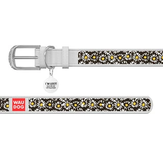Нашийник WAUDOG Design з малюнком "Ромашки", преміум шкіра, металевий пряжка (ширина 35 мм, довжина 46-60 см), білий