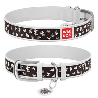 Ошейник WAUDOG Design с рисунком "Бабочки", премиум кожа, металлическая пряжка (ширина 35 мм, длина 46-60 см), белый