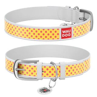 Нашийник WAUDOG Design з малюнком "Жовта полька", преміум шкіра, металевий пряжка (ширина 20 мм, довжина 30-39 см), білий