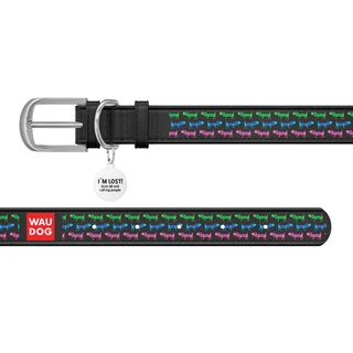 Ошейник WAUDOG Design с рисунком "Парад собачек", премиум кожа, металлическая пряжка (ширина 35 мм, длина 46-60 см), черный