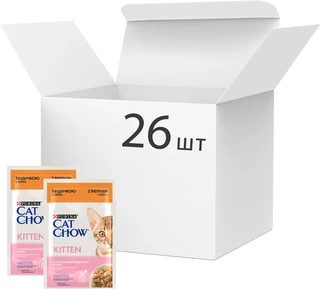 Упаковка влажного корма для котят Purina Cat Chow Kitten кусочки в желе с индейкой и цуккини 85 г x 26 шт