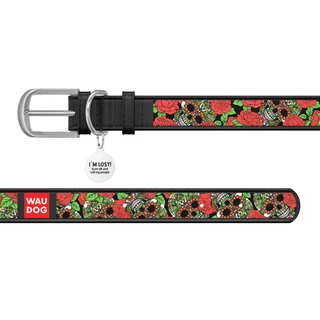 Нашийник WAUDOG Design з малюнком "Черепи та троянди", преміум шкіра, металевий пряжка (ширина 12 мм, довжина 21-29 см), чорний