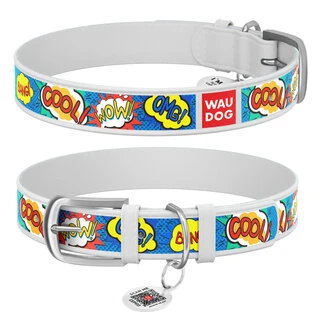 Нашийник WAUDOG Design з малюнком "ВАУ", преміум шкіра, металевий пряжка (ширина 15 мм, довжина 27-36 см), білий