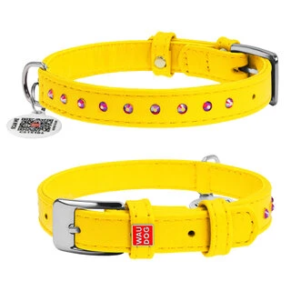 Нашийник для собак шкіряний WAUDOG Glamour з QR паспортом, з клейовими стразами, Ш 12 мм, Дл 21-29 см, жовтий