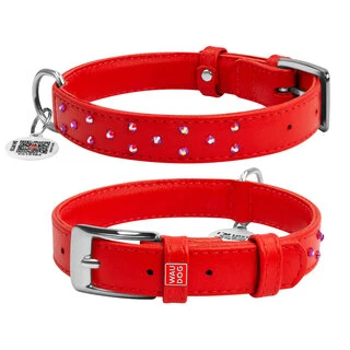 Нашийник для собак шкіряний WAUDOG Glamour з QR паспортом, з клейовими стразами, Ш 25 мм, Дл 38-49 см, червоний
