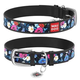 Нашийник WAUDOG Design з малюнком "Літнє лугове", преміум шкіра, металевий пряжка (ширина 12 мм, довжина 21-29 см), чорний