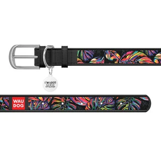 Нашийник WAUDOG Design з малюнком "Яскравий тропік", преміум шкіра, металевий пряжка (ширина 12 мм, довжина 21-29 см), чорний
