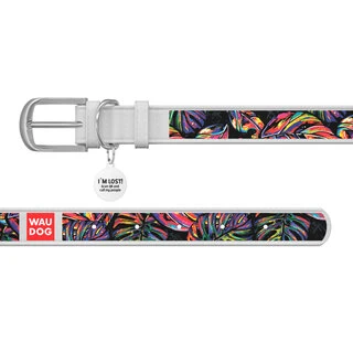 Нашийник WAUDOG Design з малюнком "Яскравий тропік", преміум шкіра, металевий пряжка (ширина 15 мм, довжина 27-36 см), білий