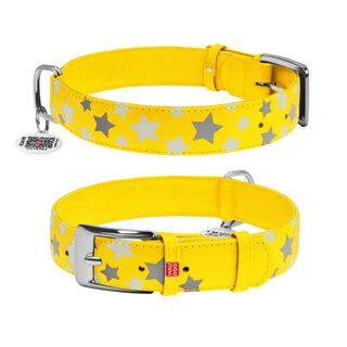 Нашийник для собак шкіряний WAUDOG Glamour з QR паспортом, візерунок "Зірочка", що світиться/світловідбиваючий, Ш 35 мм, Дл 46-60 см, жовтий