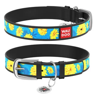 Нашийник WAUDOG Design з малюнком "Квіти на блакитному", преміум шкіра, металевий пряжка (ширина 35 мм, довжина 46-60 см), чорний