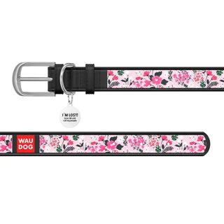 Ошейник WAUDOG Design с рисунком "Нежность", премиум кожа, металлическая пряжка (ширина 20 мм, длина 30-39 см), черный