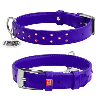 Нашийник для собак шкіряний WAUDOG Glamour з QR паспортом, з клейовими стразами, Ш 20 мм, Дл 30-39 см, фіолетовий