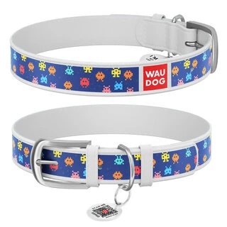 Нашийник WAUDOG Design з малюнком "Пікселі", преміум шкіра, металевий пряжка (ширина 12 мм, довжина 21-29 см), білий