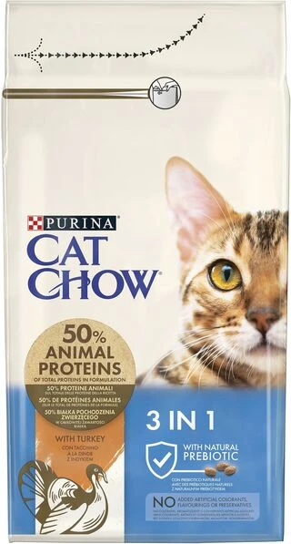 Сухой корм для взрослых кошек Purina Cat Chow Feline 3-in-1 с формулой тройного действия, с индейкой 1.5 кг