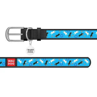 Ошейник WAUDOG Design с рисунком "Игривые собачки", премиум кожа, металлическая пряжка (ширина 20 мм, длина 30-39 см), черный