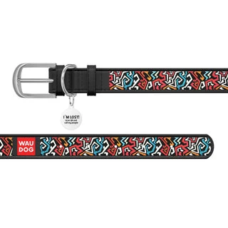 Ошейник WAUDOG Design с рисунком "Граффити 2", премиум кожа, металлическая пряжка (ширина 25 мм, длина 38-49 см), черный