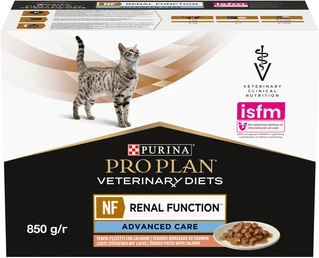 Упаковка влажного корма для кошек Purina Pro Plan Veterinary Diets NF Renal Function Advanced Care патологии почек 10 x 85 г