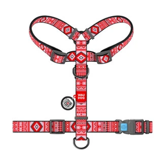 Шлея для собак анатомическая H-образная WAUDOG Nylon с QR-паспортом, рисунок&nbsp;"Этно красный", пластиковый фастекс, S, Ш 15 мм, A 30-40, B 30-50