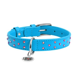 Нашийник для собак шкіряний WAUDOG Glamour з QR паспортом, з клейовими стразами, Ш 25 мм, Дл 38-49 см, блакитний