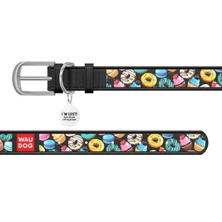 Нашийник для собак шкіряний WAUDOG Design з QR паспортом, малюнок "Пончики", Ш 25 мм, Дл 38-49 см, чорний