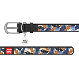 Ошейник WAUDOG Design с рисунком "Джунгли", премиум кожа, металлическая пряжка (ширина 35 мм, длина 46-60 см), черный
