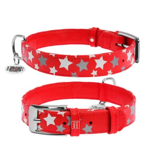 Нашийник для собак шкіряний WAUDOG Glamour з QR паспортом, візерунок "Зірочка", що світиться/світловідбиваючий, Ш 20 мм, Дл 30-39 см, червоний