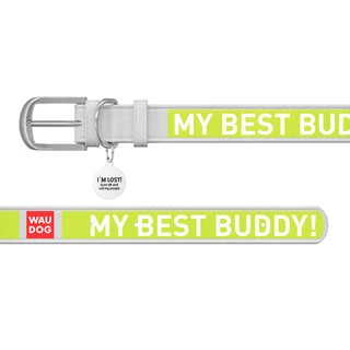 Нашийник WAUDOG Design з малюнком "Друг", преміум шкіра, металевий пряжка (ширина 25 мм, довжина 38-49 см), білий