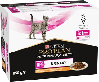 Упаковка вологого дієтичного корму для дорослих котів Pro Plan Veterinary Diets UR ST/OX Urinary для розчинення та зниження утворення струвітних каменів, з куркою 10x85 г