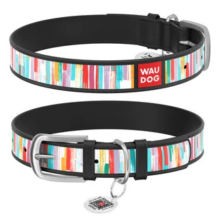 Ошейник WAUDOG Design с рисунком "Яркие полоски", премиум кожа, металлическая пряжка (ширина 12 мм, длина 21-29 см), черный