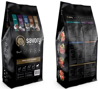 Сухий корм для собак усіх порід Savory зі свіжим м'ясом качки та кролика 12 кг